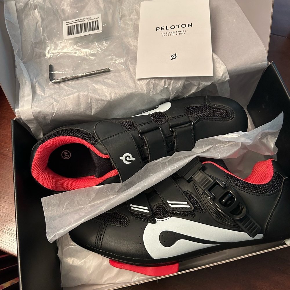 Peloton Bike Shoes & Headphones- Black with Red and White Accents